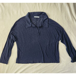 Stateside 100% Supima Cotton Navy Long Sleeve Collared Top Made in USA Sz Medium